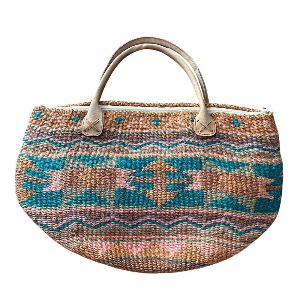 Aztec Jute Woven Zip Tote Bag – Tribal Print – Excellent Condition